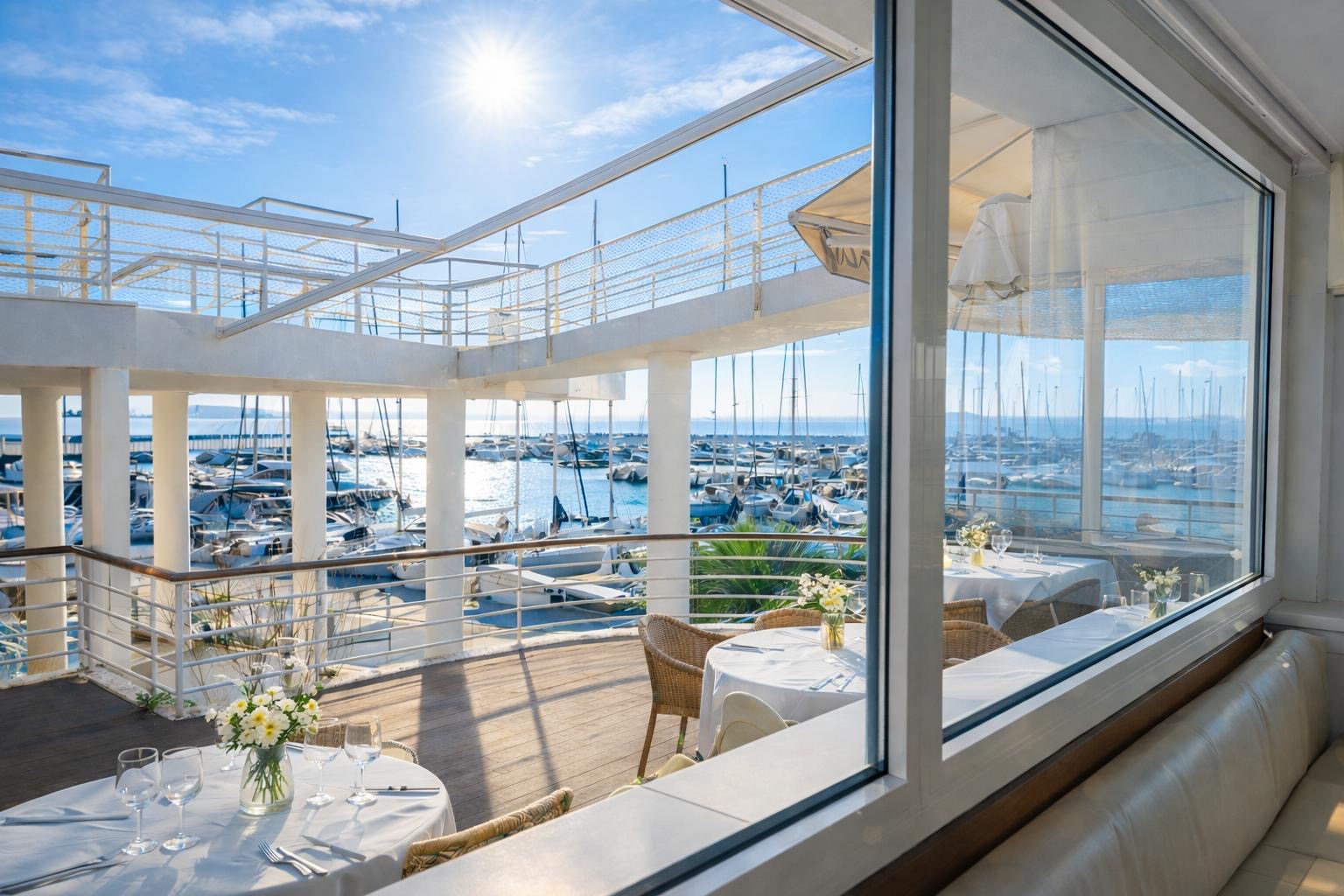 Comedor de Aura Balís con vistas al puerto